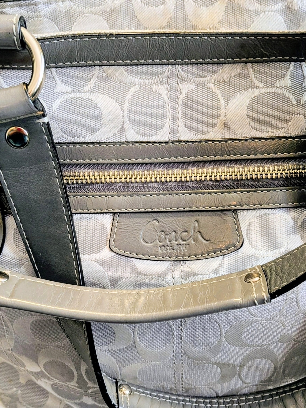Coach Penelope Signature Jacquard Tote 14693 Silver Grey Leather Shoulder Bag